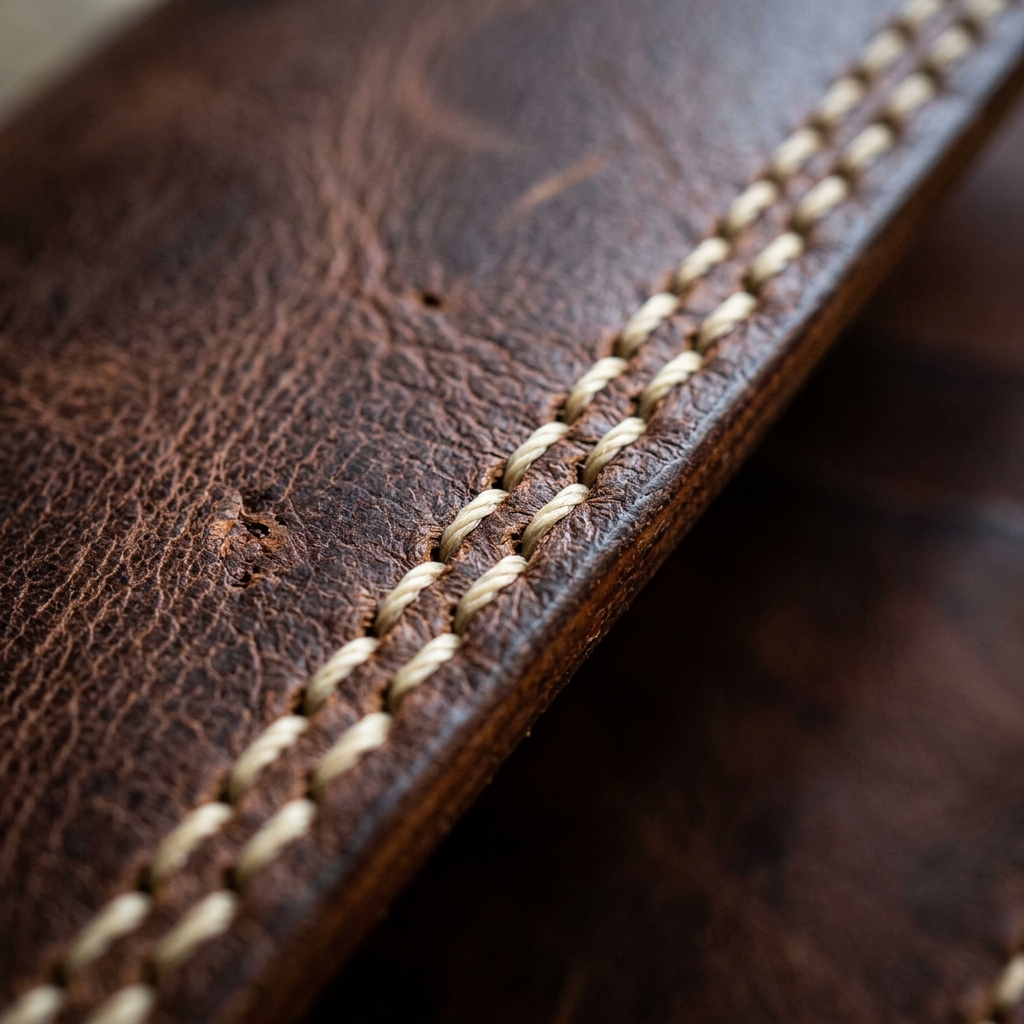 Close up of leather stitching